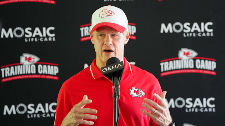 Jul 22, 2024; St. Joseph, MO, USA; Kansas City Chiefs owner Clark Hunt talks with media after training camp at Missouri Western State University. Mandatory Credit: Denny Medley-Imagn Images