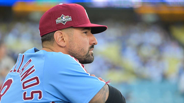 Oct 8, 2025; Los Angeles, California, USA; Philadelphia Phillies right fielder Nick Castellanos (8) looks on before the game against the Los Angeles Dodgers during game three of the NLDS round for the 2025 MLB playoffs at Dodger Stadium. Mandatory Credit: Jayne Kamin-Oncea-Imagn Images