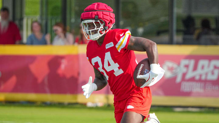 Jul 22, 2024; St. Joseph, MO, USA; Kansas City Chiefs running back Deneric Prince (34) runs the ball during training camp at Missouri Western State University.
