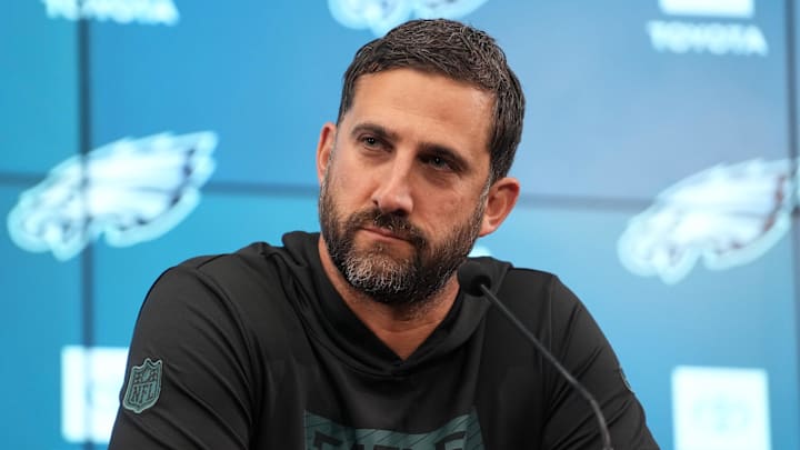 Sep 5, 2024; Sao Paolo, Brazil; Philadelphia Eagles coach Nick Sirianni at press conference at the Neo Quimica Arena. Mandatory Credit: Kirby Lee-Imagn Images