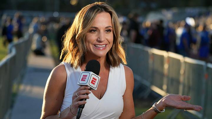 Feb 7, 2022; Westlake Village, CA, USA; ESPN reporter Dianna Russini at Los Angeles Rams Super Bowl LVI Opening Night at Oaks Christian High School. Mandatory Credit: Kirby Lee-Imagn Images