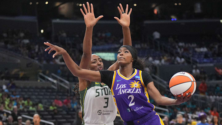 Jul 16, 2024; Los Angeles, California, USA; LA Sparks forward Rickea Jackson (2) is defended by Seattle Storm forward Nneka Ogwumike (3) in the first half at Crypto.com Arena. Mandatory Credit: Kirby Lee-USA TODAY Sports Jul 16, 2024; Los Angeles, California, USA; LA Sparks forward Rickea Jackson (2) is defended by Seattle Storm forward Nneka Ogwumike (3) in the first half at Crypto.com Arena. Mandatory Credit: Kirby Lee-USA TODAY Sports
