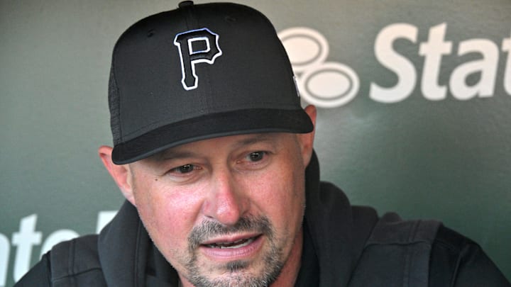 Apr 11, 2026; Chicago, Illinois, USA; Pittsburgh Pirates manager Don Kelly looks on while taking questions from the media prior to a game against the Chicago Cubs at Wrigley Field. Mandatory Credit: Patrick Gorski-Imagn Images