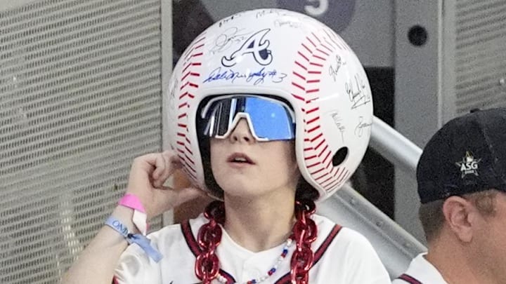 Jul 14, 2025; Atlanta, GA, USA; A young Braves fan in the stands during the 2025 Home Run Derby at Truist Park. Mandatory Credit: Dale Zanine-Imagn Images
