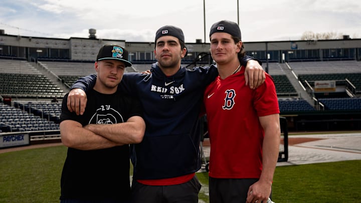 Portland Sea Dogs players (left to right) Kyle Teel, Marcelo Mayer and Roman Anthony pose for a picture prior to a game at Hadlock Field in Portland, Maine on Friday, May 10, 2024.