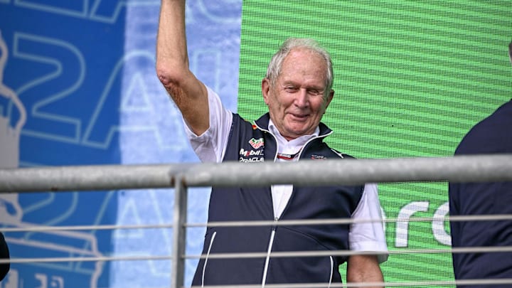 Oct 23, 2022; Austin, Texas, USA; Helmut Marko of Red Bull Racing Team holds up the World Constructors' Champions trophy after the running of the U.S. Grand Prix F1 race at Circuit of the Americas. Mandatory Credit: Jerome Miron-USA TODAY Sports