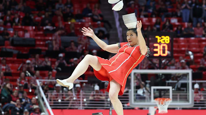Feb 10, 2024; Salt Lake City, Utah, USA; Red Panda performs during half time of the game between the Utah Utes and the Arizona State Sun Devils at Jon M. Huntsman Center. Mandatory Credit: Rob Gray-Imagn Images