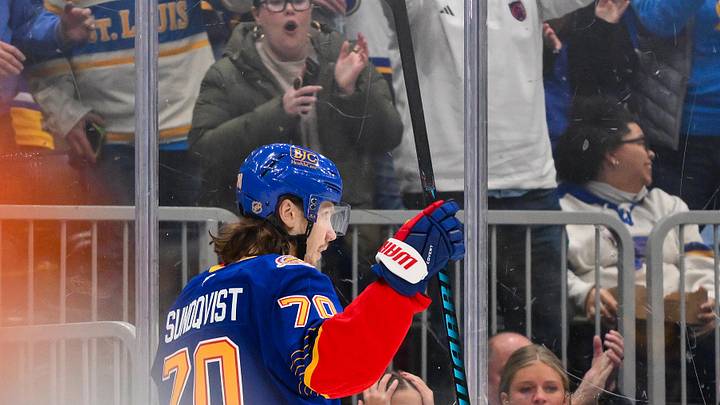 Jan 29, 2026; St. Louis, Missouri, USA; St. Louis Blues center Oskar Sundqvist (70) reacts after scoring against the Florida Panthers during the second period at Enterprise Center. Mandatory Credit: Jeff Curry-Imagn Images