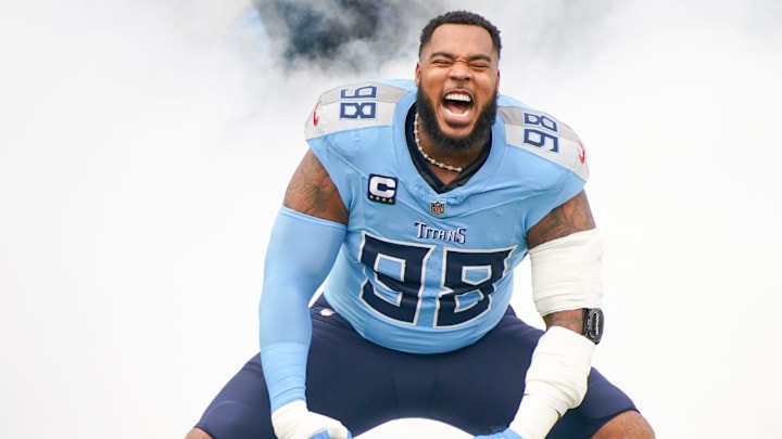 Tennessee Titans defensive tackle Jeffery Simmons (98) takes the field against the Jacksonville Jaguars at Nissan Stadium in Nashville, Tenn., Sunday, Dec. 8, 2024.