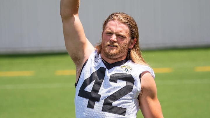 Jacksonville Jaguars safety Andrew Wingard (42) stretches during the fourth organized team activity at the Miller Electric Center in Jacksonville, Fla. Tuesday, May 27, 2025. [Doug Engle/Florida Times-Union]