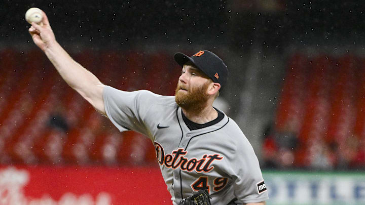 May 19, 2025; St. Louis, Missouri, USA;  Detroit Tigers relief pitcher John Brebbia (49) pitches against the St. Louis Cardinals during the seventh inning at Busch Stadium. Mandatory Credit: Jeff Curry-Imagn Images
