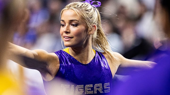 LSU Tigers gymnast Livvy Dunne warms up against the Florida Gators. LSU Tigers gymnast Livvy Dunne warms up against the Florida Gators.