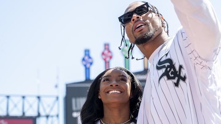 Simone Biles and husband Jonathan Owens pose for a selfie at the Chicago White Sox game. Simone Biles and husband Jonathan Owens pose for a selfie at the Chicago White Sox game.
