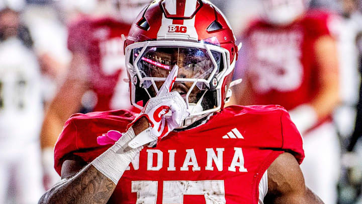 Indiana's Ty Son Lawton (17) celebrates a touchdown during the Indiana versus Purdue football game at Memorial Stadium on Saturday, Nov. 30, 2024. Indiana's Ty Son Lawton (17) celebrates a touchdown during the Indiana versus Purdue football game at Memorial Stadium on Saturday, Nov. 30, 2024.