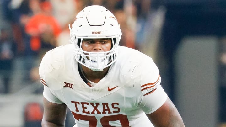 Dec 2, 2023; Arlington, TX, USA; Texas Longhorns offensive lineman Kelvin Banks Jr. (78) during the second quarter against the Oklahoma State Cowboys at AT&T Stadium. Mandatory Credit: Andrew Dieb-USA TODAY Sports