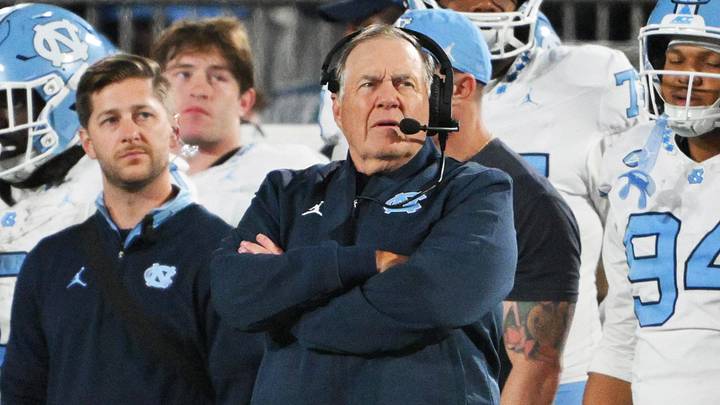 Oct 17, 2026; Durham, North Carolina, USA;  North Carolina Tar Heels head coach Bill Belichick looks on during the fourth quarter against the Duke Blue Devils at Wallace Wade Stadium.  Mandatory Credit: Zachary Taft-Imagn Images