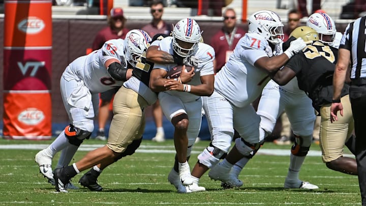Sep. 20, 2025; Blacksburg, Va.; Virginia Tech quarterback Kyron Drones (1) runs the ball during the second quarter. Sep. 20, 2025; Blacksburg, Va.; Virginia Tech quarterback Kyron Drones (1) runs the ball during the second quarter.