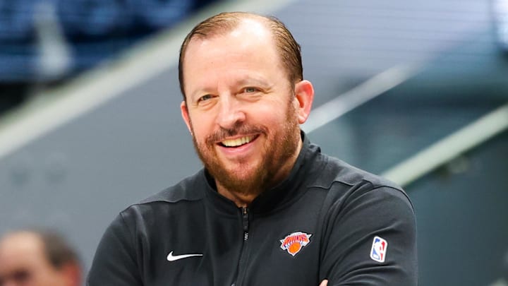 Jan 11, 2024; Dallas, Texas, USA; New York Knicks head coach  Tom Thibodeau smiles during the second half against the Dallas Mavericks at American Airlines Center. Mandatory Credit: Kevin Jairaj-Imagn Images