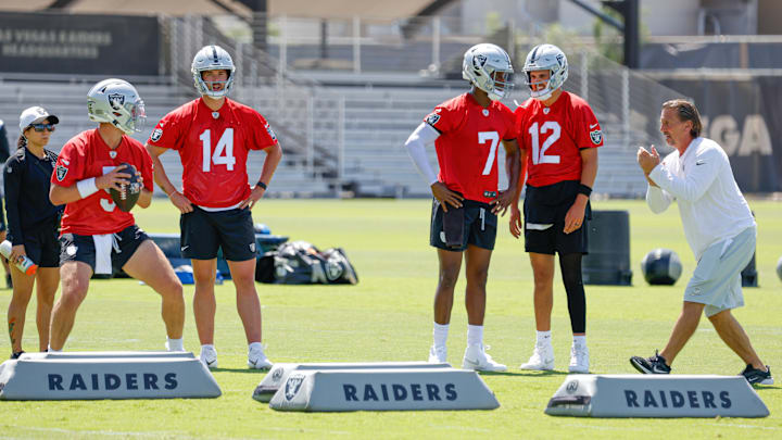 Las Vegas Raiders QBs Coach Greg Olson, and QBs Geno Smith, Aidan O'Connell, Cam Miller and Carter Bradley.