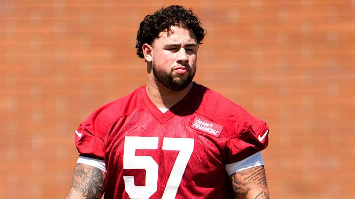 Arizona Cardinals offensive lineman Chase Bisontis (57) during rookie mini-camp practice on May 8, 2026, at the Dignity Health Arizona Cardinals Training Center in Tempe. Arizona Cardinals offensive lineman Chase Bisontis (57) during rookie mini-camp practice on May 8, 2026, at the Dignity Health Arizona Cardinals Training Center in Tempe.