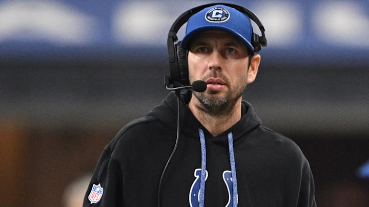 Jan 5, 2025; Indianapolis, Indiana, USA; Indianapolis Colts head coach Shane Steichen walks on the sidelines during the second half against the Jacksonville Jaguars at Lucas Oil Stadium. Mandatory Credit: Marc Lebryk-Imagn Images