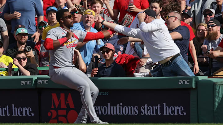 Apr 4, 2025; Boston, Massachusetts, USA; St. Louis Cardinals right fielder Jordan Walker (18) catches a fly ball during the fifth inning against the Boston Red Sox at Fenway Park. Mandatory Credit: Paul Rutherford-Imagn Images