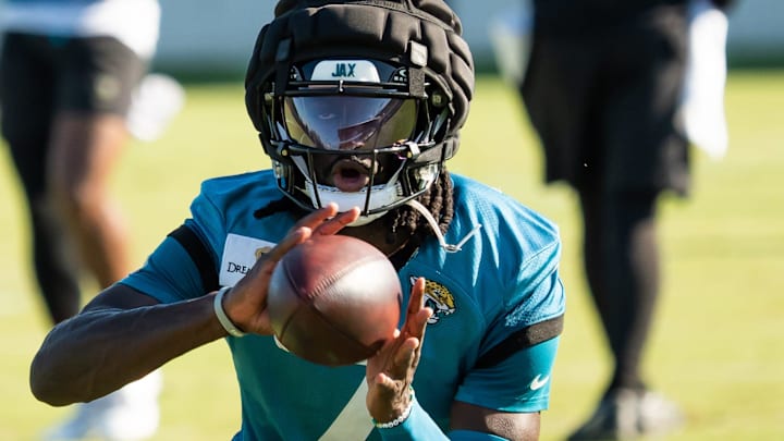 Jacksonville Jaguars wide receiver Brian Thomas Jr. (7) hauls in a pass while running a route during an NFL training camp fourth session at the Miller Electric Center, Sunday, July 27, 2025, in Jacksonville, Fla. [Doug Engle/Florida Times-Union]