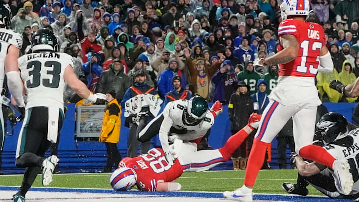 Buffalo Bills tight end Dawson Knox catches a two-yard pass thrown by quarterback Josh Allen, short of the goal line, against Philadelphia Eagles cornerback Adoree' Jackson.