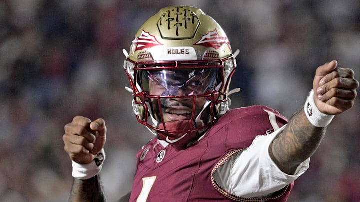 Nov 1, 2025; Tallahassee, Florida, USA; Florida State Seminoles quarterback Tommy Castellanos (1) celebrates a touchdown during the second half against the Wake Forest Demon Deacons at Doak S. Campbell Stadium. Mandatory Credit: Melina Myers-Imagn Images