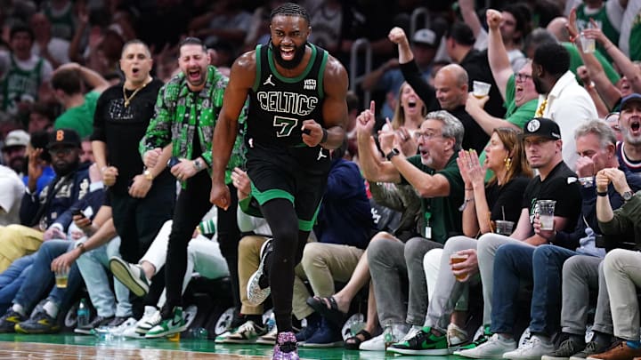 May 23, 2024; Boston, Massachusetts, USA; Boston Celtics guard Jaylen Brown (7) reacts after a play against the Indiana Pacers in the second half during game two of the eastern conference finals for the 2024 NBA playoffs at TD Garden. Mandatory Credit: David Butler II-USA TODAY Sports