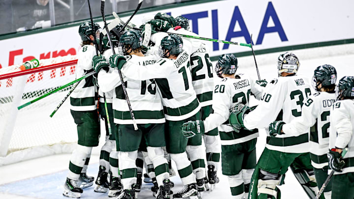Michigan State celebrates after bearing Ohio State in the Big Ten tournament game on Saturday, March