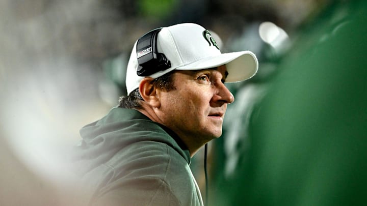 Michigan State's head coach Jonathan Smith looks on during the fourth quarter in the game against Iowa on Saturday, Oct. 19, 2024, at Spartan Stadium in East Lansing.