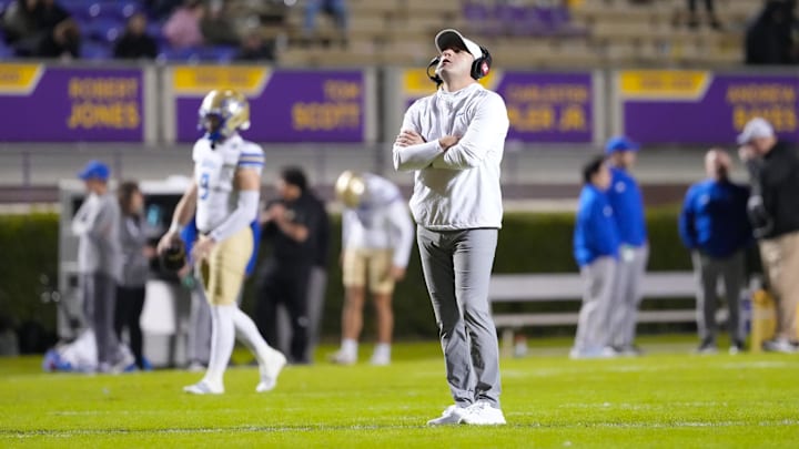 Oct 16, 2025; Greenville, North Carolina, USA;  Tulsa Golden Hurricane head coach Tre Lamb looks up against the East Carolina Pirates fourth quarter at Dowdy-Ficklen Stadium. Mandatory Credit: James Guillory-Imagn Images