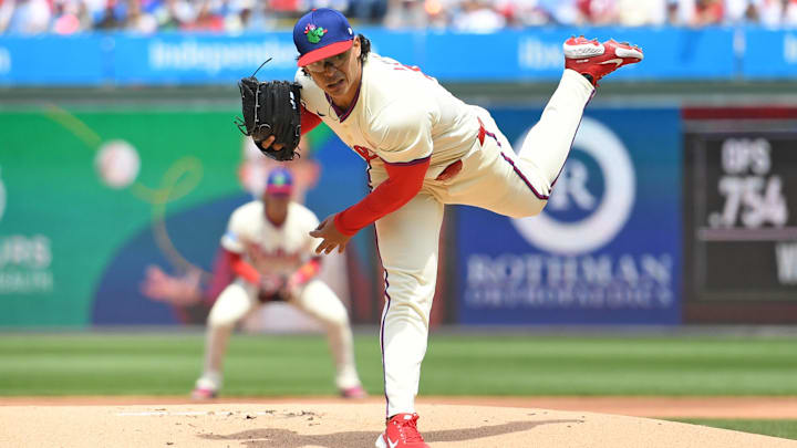 Apr 20, 2025; Philadelphia, Pennsylvania, USA; Philadelphia Phillies pitcher Jesús Luzardo (44) throws a pitch during the first inning against the Miami Marlins at Citizens Bank Park. 