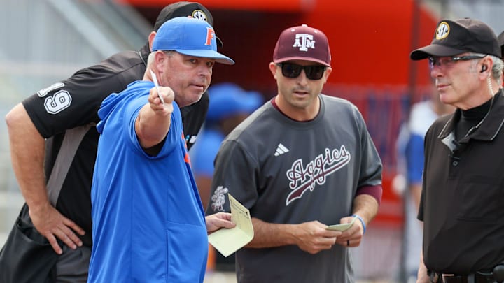 Florida head coach Kevin O'Sullivan talks with Texas A&M head coach Michael Earley before an NCAA baseball game at Condron Family Ballpark at Alfred A. McKethan Field in Gainesville, FL on Friday, April 24, 2026.