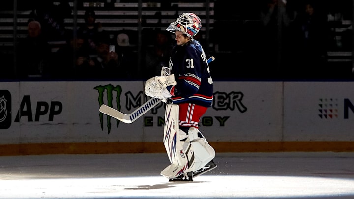 Nov 3, 2024; New York, New York, USA; New York Rangers goalie Igor Shesterkin (31) is acknowledged as the third star of a win against the New York Islanders at Madison Square Garden. Mandatory Credit: Danny Wild-Imagn Images