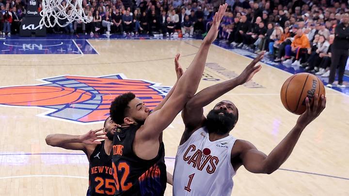 May 21, 2026; New York, New York, USA; Cleveland Cavaliers guard James Harden (1) drives to the basket against New York Knicks center Karl-Anthony Towns (32) and guard Mikal Bridges (25) during the fourth quarter of game two of the eastern conference finals during the 2026 NBA playoffs at Madison Square Garden. Mandatory Credit: Brad Penner-Imagn Images May 21, 2026; New York, New York, USA; Cleveland Cavaliers guard James Harden (1) drives to the basket against New York Knicks center Karl-Anthony Towns (32) and guard Mikal Bridges (25) during the fourth quarter of game two of the eastern conference finals during the 2026 NBA playoffs at Madison Square Garden. Mandatory Credit: Brad Penner-Imagn Images