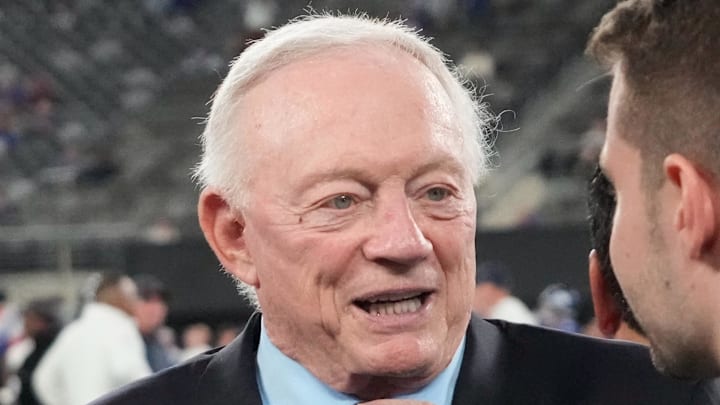 Sep 26, 2024; East Rutherford, New Jersey, USA;  Cowboys owner Jerry Jones pre game against the Giants at MetLife Stadium. Mandatory Credit: Robert Deutsch-Imagn Images