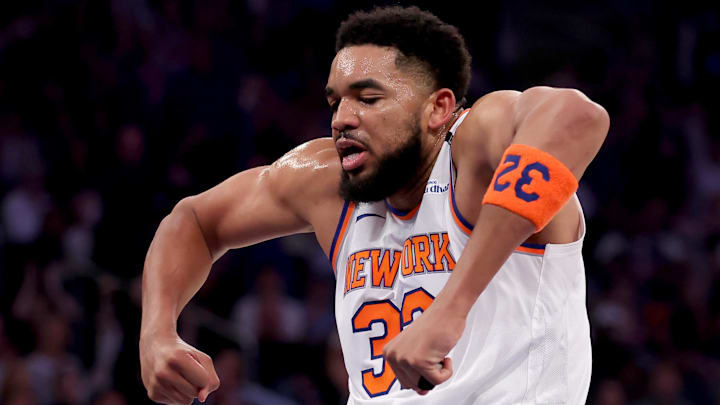 May 16, 2025; New York, New York, USA; New York Knicks center Karl-Anthony Towns (32) reacts during the first quarter of game six in the second round of the 2025 NBA Playoffs against the Boston Celtics at Madison Square Garden. Mandatory Credit: Brad Penner-Imagn Images