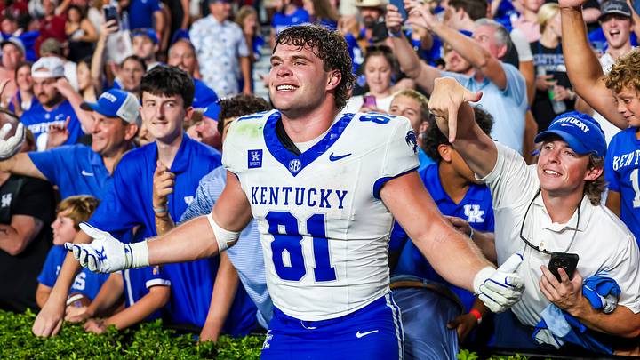 Oct 3, 2026; Columbia, South Carolina, USA;  Kentucky Wildcats tight end Willie Rodriguez (81) celebrates with fans following their overtime win against the South Carolina Gamecocks at Williams-Brice Stadium.  Mandatory Credit: Jeff Blake-Imagn Images
