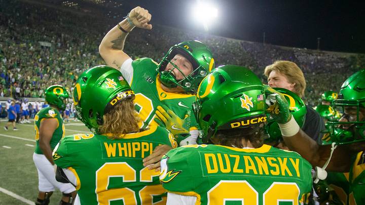 Oregon kicker Atticus Sappington is hoisted into the air after kicking the game-winning field goal as the Oregon Ducks host the Boise State Broncos Saturday, Sept. 7, 2024 at Autzen Stadium in Eugene, Ore.