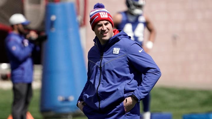New York Giants offensive coordinator Mike Kafka is on the field for a voluntary minicamp at the Quest Diagnostics Training Center in East Rutherford on Wednesday, April 20, 2022. 