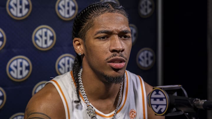 Oct 15, 2024; Birmingham, AL, USA; Tennessee Volunteers guard Zakai Zeigler talks with the media during SEC Media Days at Grand Bohemian Hotel. Mandatory Credit: Vasha Hunt-Imagn Images