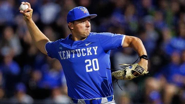 Jun 9, 2024; Lexington, KY, USA; Kentucky Wildcats pitcher Mason Moore (20) throws a pitch during the first inning against the Oregon State Beavers at Kentucky Proud Park. Mandatory Credit: Jordan Prather-Imagn Images Jun 9, 2024; Lexington, KY, USA; Kentucky Wildcats pitcher Mason Moore (20) throws a pitch during the first inning against the Oregon State Beavers at Kentucky Proud Park. Mandatory Credit: Jordan Prather-Imagn Images
