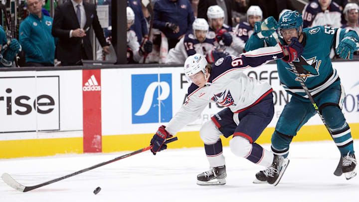 Mar 14, 2023; San Jose, California, USA; Columbus Blue Jackets center Kent Johnson (91) beats San