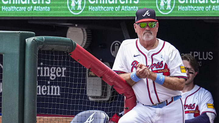 Jun 15, 2025; Cumberland, Georgia, USA; Atlanta Braves manager Brian Snitker (43) shown in the dugout against the Colorado Rockies during the second inning at Truist Park. Mandatory Credit: Dale Zanine-Imagn Images