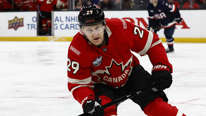 Feb 20, 2025; Boston, MA, USA; [Imagn Images direct customers only] Team Canada forward Nathan MacKinnon (29) during the 4 Nations Face-Off ice hockey championship game against the United States at TD Garden. Mandatory Credit: Winslow Townson-Imagn Images
