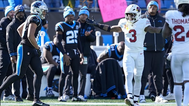 Arizona Cardinals safety Budda Baker (3) reacts to a foul call during the first quarter against the Carolina Panthers Arizona Cardinals safety Budda Baker (3) reacts to a foul call during the first quarter against the Carolina Panthers