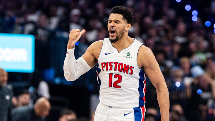 May 1, 2026; Orlando, Florida, USA; Detroit Pistons forward Tobias Harris (12) celebrates against the Orlando Magic in the fourth quarter during game six of the first round of the 2026 NBA Playoffs at Kia Center. Mandatory Credit: Jeremy Reper-Imagn Images