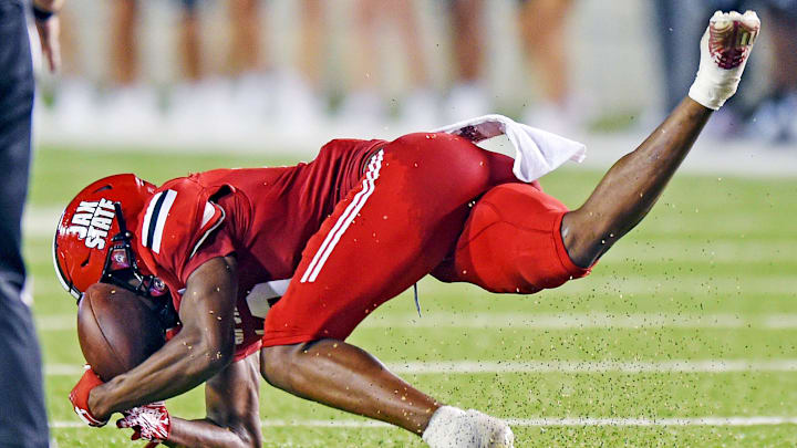 Jacksonville State's Zechariah Poyser catches an interception during college football action at Burgess-Snow Field AmFirst Stadium in Jacksonville, Alabama August 29, 2024. (Dave Hyatt / Special to the Gadsden Times)